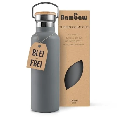 Abbildung von Bambaw Trinkflasche Thermo 1l, Thermosflasche Grau, Edelstahl Trinkflasche, Wasserflasche Wandern, Metallflasche 1l Anthrazit