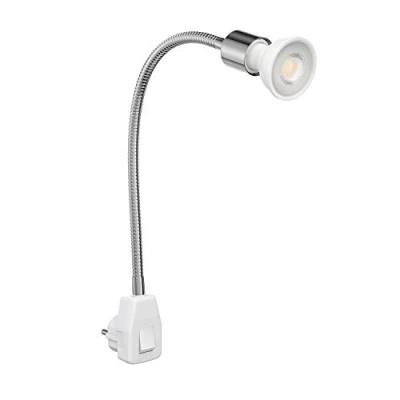 Abbildung von ledscom.de Steckdosenlampe LESCH Leselampe Schwanenhals, Schalter, Chrom inkl. GU10 LED Reflektorlampe 5,558W 535lm 30 weiß