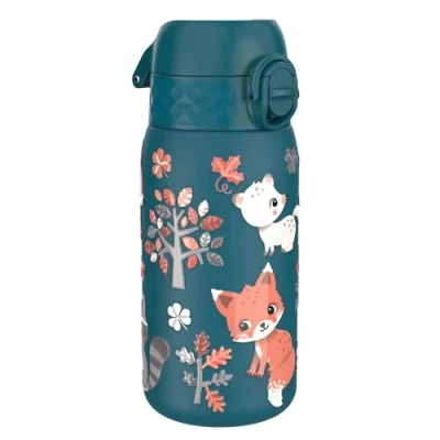 Abbildung von ION8 Kinder Trinkflasche, Edelstahl Leicht 400ml, Nicht Isoliert, Auslaufsicher, Einhandöffnung, Sichere Verriegelung, Spülmaschinenfest, Klappdeckel, Tragegriff, zu Reinigen, Waldtiere,