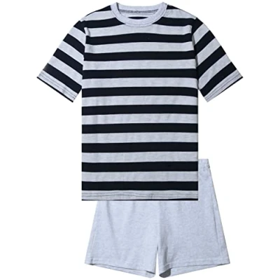 Abbildung von Jungen Schlafanzug kurz, weicher Single Jersey aus 100% Baumwolle und Hose in Bermuda Form gestreift, hellgrau Melange Grösse 164