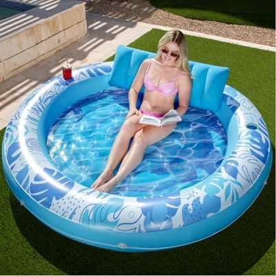 Abbildung von Sloosh Tanning Pool Lounger Float, Runde Sonnenwanne zum Sonnenbaden, Robuste Aufblasbare Floats Für Erwachsene Den Außenbereich, Hinterhof, Swimmingpool, Blau