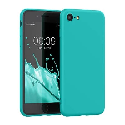 Abbildung von kwmobile Hülle kompatibel mit Apple iPhone SE (2022) / (2020) 8 7 weiches TPU Silikon Case Cover geeignet für kabelloses Laden Neon Türkis