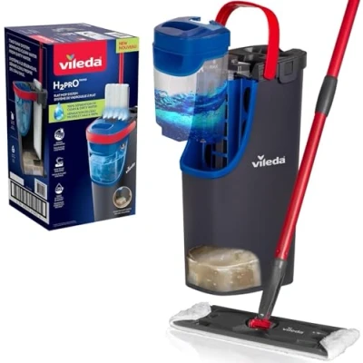 Abbildung von Vileda H2PrO Bodenwischer 100% Trennung von Frisch und Schmutzwasser Wassersparendes Design Einhandbedienung Kompakte Aufbewahrung Ergonomischer Griff Mikrofaser Eco Verpackung