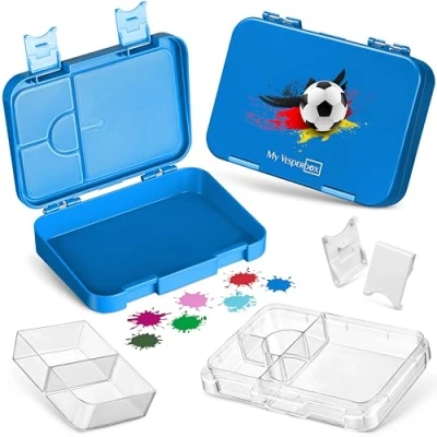 Abbildung von My Vesperbox Len Bento Box Kinder Lunchbox mit 4+2 Fächern extrem robust Brotdose Brotbox ideal für Kindergarten und Schule… (Blau Fußball)