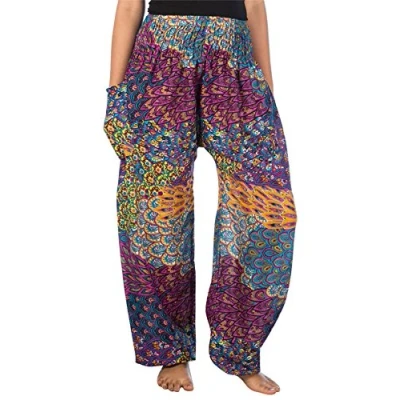 Abbildung von Lofbaz Damen Boho Haremshose Festival Outfit Sommerhose Leicht Yogahose Pumphose Hippie Hose Kleidung Sommer Hosen Peacock 3 Violett L