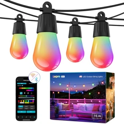 Abbildung von Lepro ZB1 AI LED Lichterkette Außen 15m, RGB+Warmweiß Smarte S14 WLAN Glühbirnen,App Steuerung,Funktioniert mit Alexa&amp;Google,IP65 wasserfest,KI Lichtdesign Assistent,ohne Fernbedienung, 15 LEDs