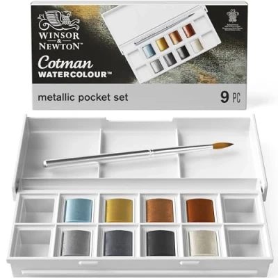 Abbildung von Winsor &amp; Newton 0390702 Cotman Metallic Aquarellfarbe Studio Wasserfarben, lebendige hochwertige Farben mit sehr guten Verarbeitungseigenschaften, Set 8 in 1/2 Näpfe, Pocket