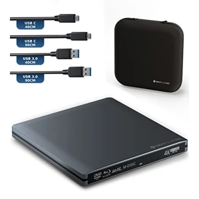 Abbildung von techPulse120 Externes USB 3.1 Blu ray DVD CD C UHD 4k 3D M DISC BDXL HDR10 128GB Laufwerk Brenner Burner Superdrive BD Imperator Paket Tasche 90cm Anschlusskabel Aluminium Grau