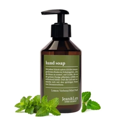 Abbildung von Jean &amp; Len Handseife Lemonverbena Mint, reinigt beanspruchte Hände, für die tägliche Anwendung geeignet, Flüssigseife im Pumpspender, zitrischer Duft, vegan, 250 ml