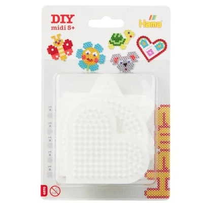 Abbildung von Hama Perlen 4570 Kleine Stiftplatten 5er Set für Midi Bügelperlen mit Durchmesser 5 mm, Motive Viereck, Kreis, Herz, Stern und Sechseck in Weiß, kreativer Bastelspaß Groß Klein