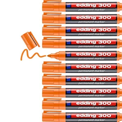 Abbildung von edding 300 Permanentmarker orange 10 Stifte Rundspitze 1,5 3 mm wasserfest, schnell trocknend wischfest für Karton, Kunststoff, Glas, Holz, Metall, Glas