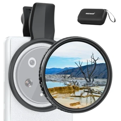 Abbildung von NEEWER 67mm Clip On Variabler ND Filter für Handys, ND2 32 1 5 Stops Graufilter Fotografie Objektiv Zubehör Set Android Smartphone Kamera, kompatibel mit Samsung Google Pixel Huawei, FL B21