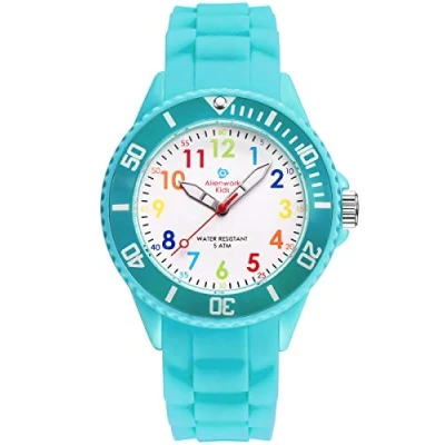 Abbildung von Alienwork Kids Lernuhr Kinderuhr Jungen Mädchen Hellblau Silikon Armband Mehrfarbig Kinder Uhr Wasserdicht 5 ATM Zeit Lernen