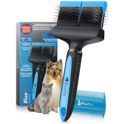 Abbildung von BluePet ZupfZeug Pro Professionelle Hundebürste Langhaar Zupfbürste für Hunde und Katzen Entfernt sanft Unterwolle, Verfilzungen &amp; Knoten (Doppelkopf Blau)