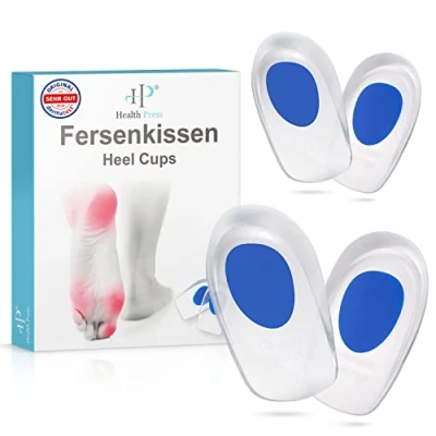 Abbildung von Health Press® Fersenkissen 2 Paar Fersen Geleinlagen im Set Dermatologisch getestete Silikon Fersenpolster Gel Einlegesohlen für Schuhe Bequeme Profi Schuheinlagen Soft Gelpads Damen