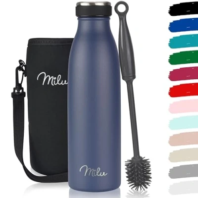 Abbildung von Milu Edelstahl Trinkflasche 350ml 500ml 750ml 1L 1,5L Thermosflasche Isolierte Wasserflasche, Auslaufsichere Isolierflasche doppelwandig, Kohlensäure geeignet inkl. Reinigungsbürste (Navyblau 500ml)
