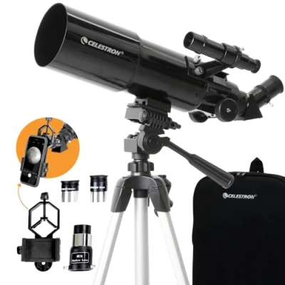 Abbildung von Celestron 22030 Travel Scope tragbares Refraktor Teleskop 80 mm Linse mit vollvergüteter Glasoptik, Bonus, Astronomie Softwarepaket und Digiscoping Smartphone Adapter