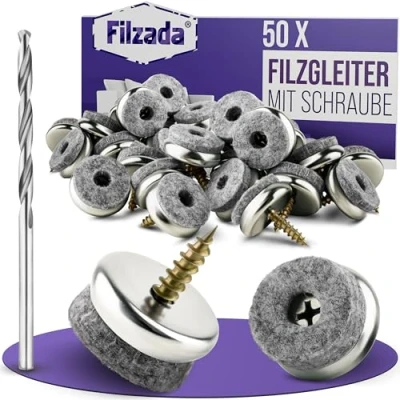 Abbildung von Filzada® 50x Filzgleiter Schrauben Ø 28 mm hochwertige Möbelgleiter inkl. Bohrer Stuhlbeinschoner Stuhlgleiter für Stühle zum
