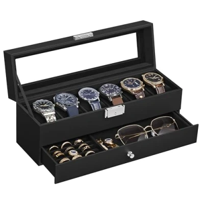 Abbildung von SONGMICS Uhrenbox, Uhrenkasten mit Glasdeckel, 2 Ebenen, für 6 Uhren, abschließbar, 1 Schublade, Ringe, Armbänder, Geschenkidee, PU Bezug in Schwarz, Innenfutter Schwarz JWB060B02