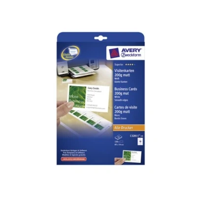 Abbildung von AVERY Zweckform C32011 10 Superior Visitenkarten, blanko (100 Stück, 200g, 85x54 mm, einseitig bedruckbar, matt weiß, absolut glatte Kanten, Blatt) zum Selbstbedrucken auf allen Druckern