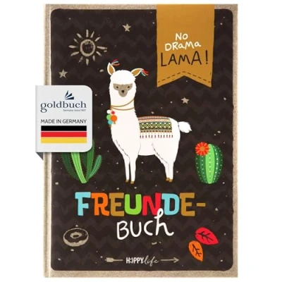 Abbildung von goldbuch 43581 Freundebuch HAPPYlife Lama DIN A5, zum Ausfüllen, Erinnerungsbuch an Freunde, Notizbuch mit 84 illustrierte Seiten, Einband Kunstdruck, ca. 15 x 21 1,5 cm