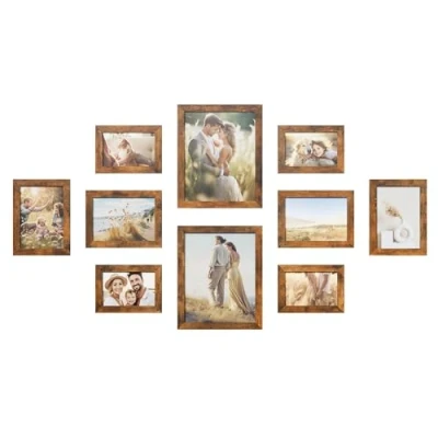 Abbildung von SONGMICS Bilderrahmen 10er Set, für 2 Fotos in 20 x 25 cm, 4 13 18 10 15 Kunststoffscheibe, MDF, vintagebraun RPF310X01