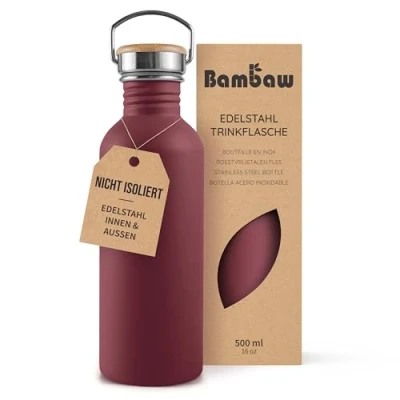 Abbildung von Bambaw Trinkflasche Edelstahl Kinder 500ml, Nicht isolierte Rot, Fahrrad Trinkflasche, 500ml Kirschrot