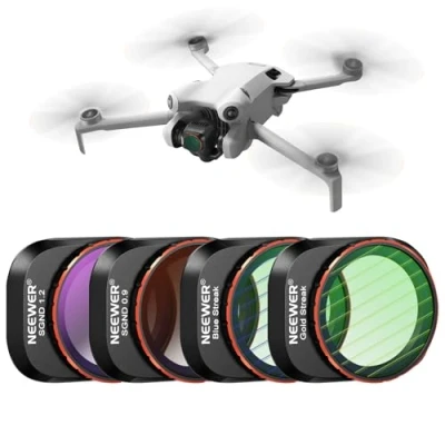 Abbildung von NEEWER ND und Effekt Filter Set kompatibel mit DJI Mini 4 Pro, 4er Pack GND0.9 GND1.2 Weicher Farbverlauf Neutral Dichte/Blau/Gold Streifen Anamorph Filter, HD optisches Glas/Aluminiumrahmen