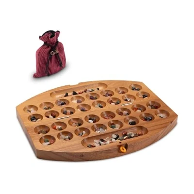 Abbildung von LOGOPLAY Bao Hus Kalaha kleines Reisespiel für unterwegs 30cm lang Steinchenspiel Edelsteinspiel oval aus Samena Holz