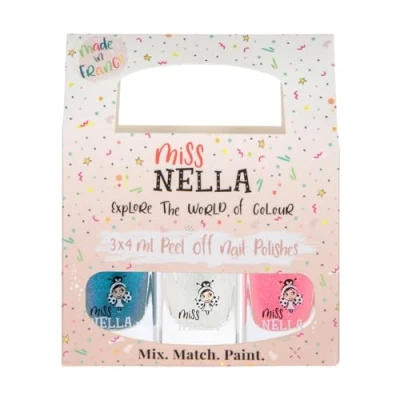 Abbildung von MIss Nella PARTY COLLECTION 3 Nagellackpack mit Abziehbare, geruchsneutrale, wasserbasierte und sichere für Kinder blau clear &amp; coral