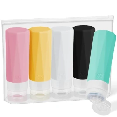Abbildung von Alyvisun 5 Stück Reiseflaschen Set, 100ml Silikon zum Befüllen, Auslaufsicher Reisegröße Behälter mit Aufbewahrungstasche, für Shampoo, Kosmetik, Lotion