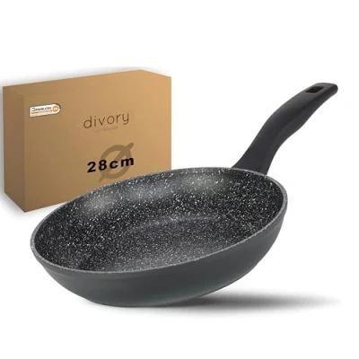 Abbildung von DIVORY Bratpfanne 28cm Induktion Antihaft Beschichtete große Universalpfanne für alle Herdarten Sichere Griffe, Spülmaschinen geeignet (Schwarz, 28cm)