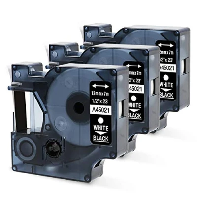 Abbildung von Oozmas Schriftband kompatible mit Dymo D1 Weiß auf Schwarz 45021 12mm x 7m, Etikettenband für LabelManager LM160 LM210D LM260P LM280 LM360D LM420P, 3er Pack