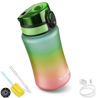 Abbildung von My Vesperbox Minny Kinder Trinkflasche auslaufsicher 350ml, 500ml, 750ml mit Strohhalm oder Sieb leichte Tritan Wasserflasche BPA frei für Kindergarten, Schule(Regenbogen 350ml)