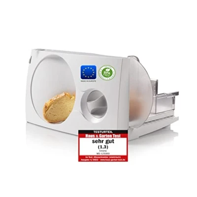 Abbildung von Emerio Allesschneider&quot;Made in EU&quot; MS 125000, Edelstahl Messereinheit Deutschland produziert, einstellbar 0 17mm, BPA frei, platzsparend klappbar, mit Sicherheitsschalter, Eco 100Watt, Weiß