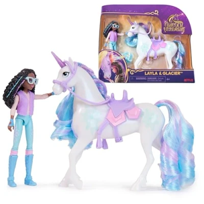 Abbildung von Unicorn Academy Layla und Einhorn Glacier Set ca. 12 cm große Originalfiguren zur beliebten Netflix Serie mit Zwei Accessoires Haarbürste für fantasievolles Rollenspiel, Kinder ab 4 Jahren