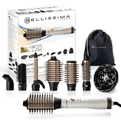 Abbildung von Imetec Bellissima Air Wonder, Heißluftbürste, Ionentechnologie, Bürsten mit Keramik und Keratinbeschichtung, trocknet, verleiht Volumen, 8 Zubehörteile, 1000 W