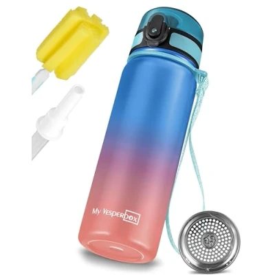 Abbildung von My Vesperbox Edelstahl Thermos Trinkflasche auslaufsicher mit Strohhalm oder Sieb 400 ml, 600ml BPA FREI für Kindergarten, Schule (Blau Rose 600ml)