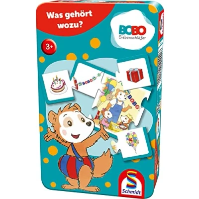 Abbildung von Schmidt Spiele 51442 Bobo Siebenschläfer, was gehört wozu, Bring Mich mit Spiel in der Metalldose, Mehrfarbig