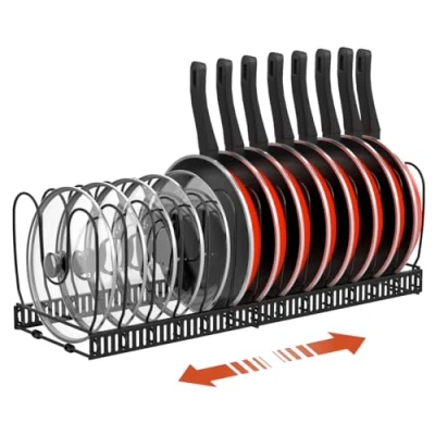 Abbildung von Housolution Pfannenhalter für Schublade, Erweiterbarer Topfdeckelhalter mit 14 Verstellbaren Teiler, Topfdeckel Aufbewahrung Pfannen Organizer Deckelhalter Küche, Schwarz