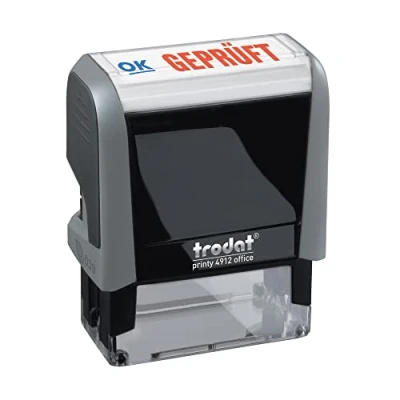 Abbildung von Trodat Office Printy 4912 selbstfärbender Textstempel, Text GEPRÜFT, Abdruckfarbe blau rot, 47 x 18 mm