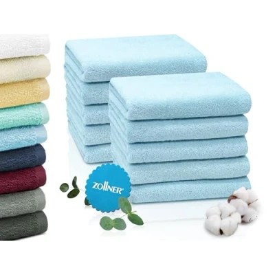 Abbildung von ZOLLNER 10er Set Handtücher in 50x100 cm saugstarke und weiche Duschtücher hellblau mit praktischem Aufhänger waschbar bis 60C Baumwolle Hotelqualität