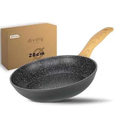 Abbildung von DIVORY Bratpfanne 28cm Induktion Antihaft Beschichtete große Universalpfanne für alle Herdarten Sichere Griffe, Spülmaschinen geeignet (Helles Holz, 28cm)