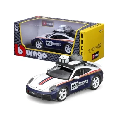 Abbildung von Bburago 1:24 Racing 2023 Porsche 911 Dakar Neu 2024: Fahrzeug Metall Innendetails Türen und Haube öffnen Maßstab 1:24.