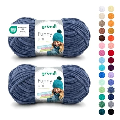 Abbildung von Gründl Wolle Funny uni weiche Chenille zum Häkeln Chenillegarn aus 100% Polyester, 2 Knäuel (100 g/ 120 m, Nadelstärke: 5 6) Jeans