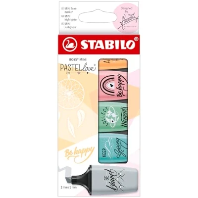 Abbildung von Textmarker STABILO BOSS MINI Pastellove 2.0 5er Pack rosiges Rouge, zartes Türkis, Hauch von Minzgrün, seidengrau, sanftes Orange