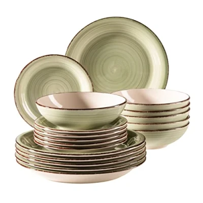 Abbildung von MÄSER 931876 Bel Tempo II, Teller Set für 6 Personen im modernen Vintage Look, 18 teiliges Tafelservice, handbemaltes Keramik Geschirr Service, Steingut, Grün