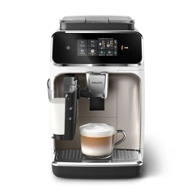 Abbildung von PHILIPS 2300 Serie Vollautomatische Espressomaschine 4 Getränke, modernes Farb Touchscreen Display, LatteGo Milchsystem, SilentBrew, Keramikmahlwerk, AquaClean Filter. Weißes Chrom (EP2333/40)