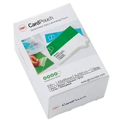 Abbildung von GBC Laminierfolien Kleinformat 65 x 95 mm, 250 mic, Ideal für Visitenkarten und Ausweise, Robuste Laminiertaschen im 100er Pack, Glänzend, Transparent, 3740432