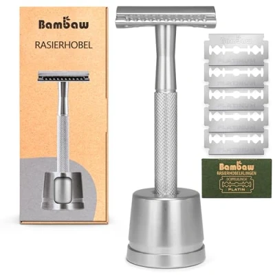 Abbildung von Bambaw Rasierhobel Herren und Damen mit 5 Rasierklingen Rasier Hobel Ständer Geschlossener Kamm Metall Zero Waste Rasierer Safety Razor